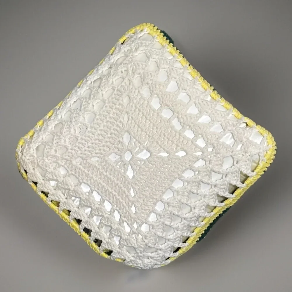Handmade Crochet Rose Granny Square Throw Pillow Yellow White Green Floral Boho